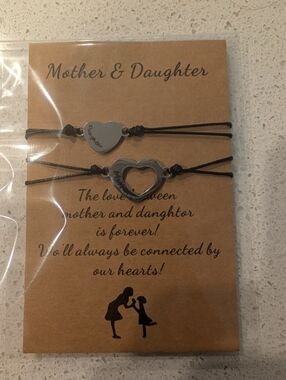 Mother and Daughter Heart Charm Matching Bracelet Set - Silver and Black
